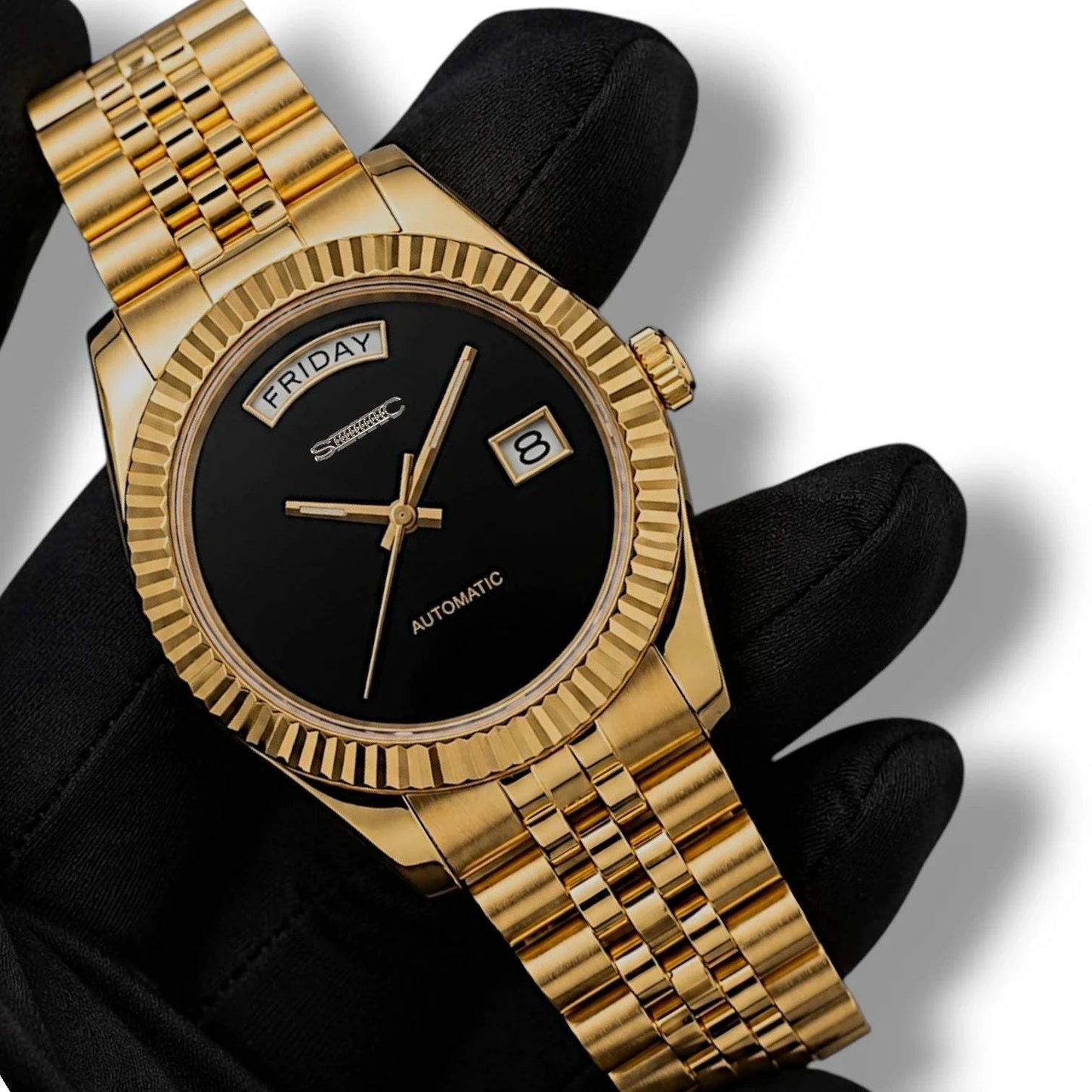Modtime DayDate Seiko Mod luxury watch in black and gold with Miyota 8285 movement