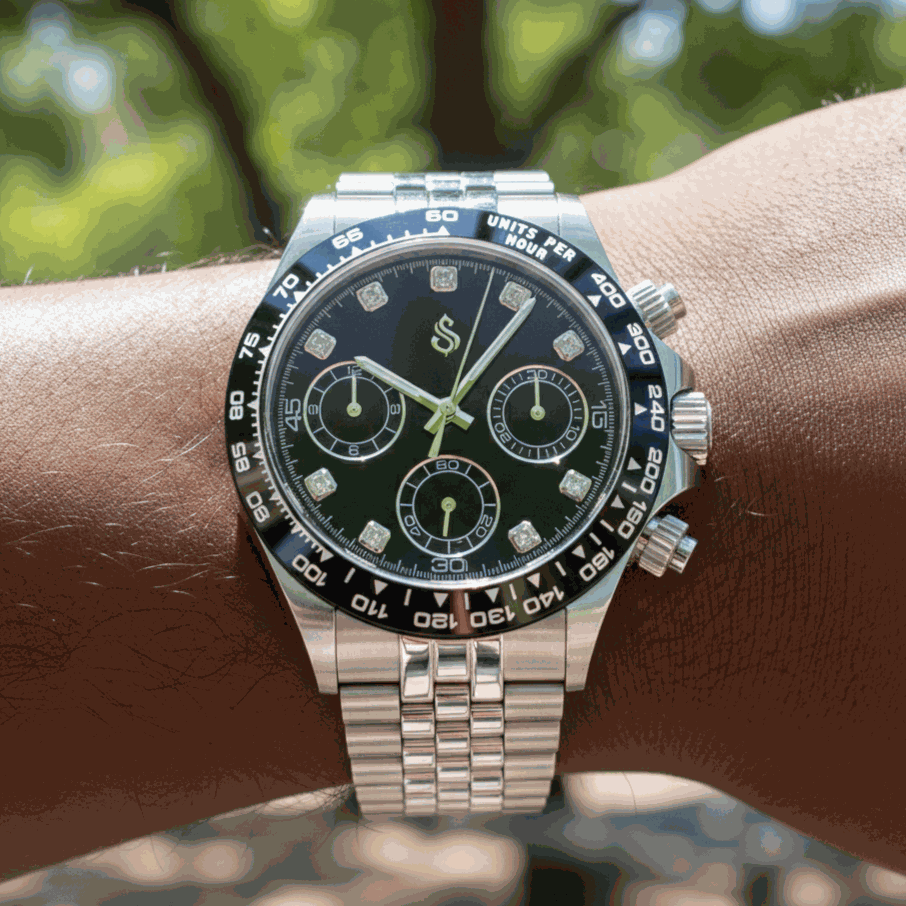 Seiko Mod Daytona luxury watch with black diamond dial and silver stainless steel case