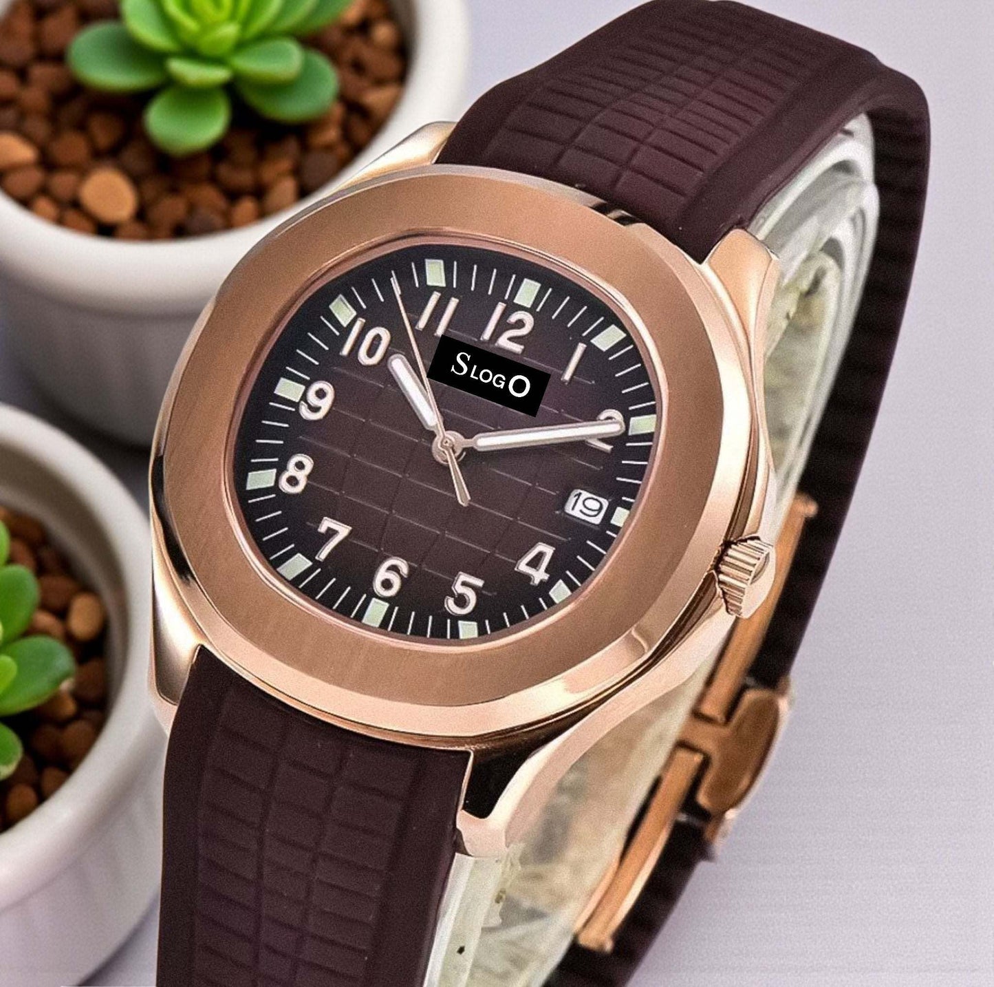 Seiko Mod watches Aquanaut gold case watch with brown dial by Modtime featuring Japanese NH35 automatic movement and sapphire crystal