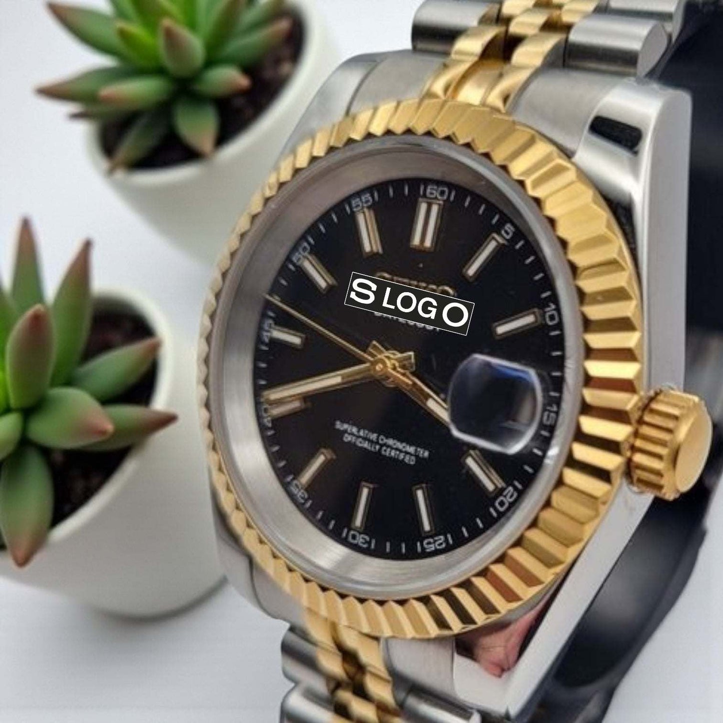 Seiko Mod watches DateJust aka SeikoJust Two-Tone Black Dial Gold Fluted Bezel - MODTIME Creations