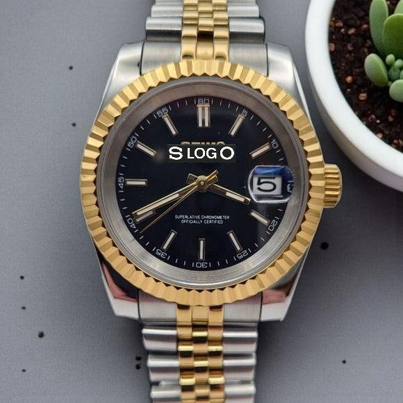 Seiko Mod watches DateJust aka SeikoJust Two-Tone Black Dial Gold Fluted Bezel - MODTIME Creations