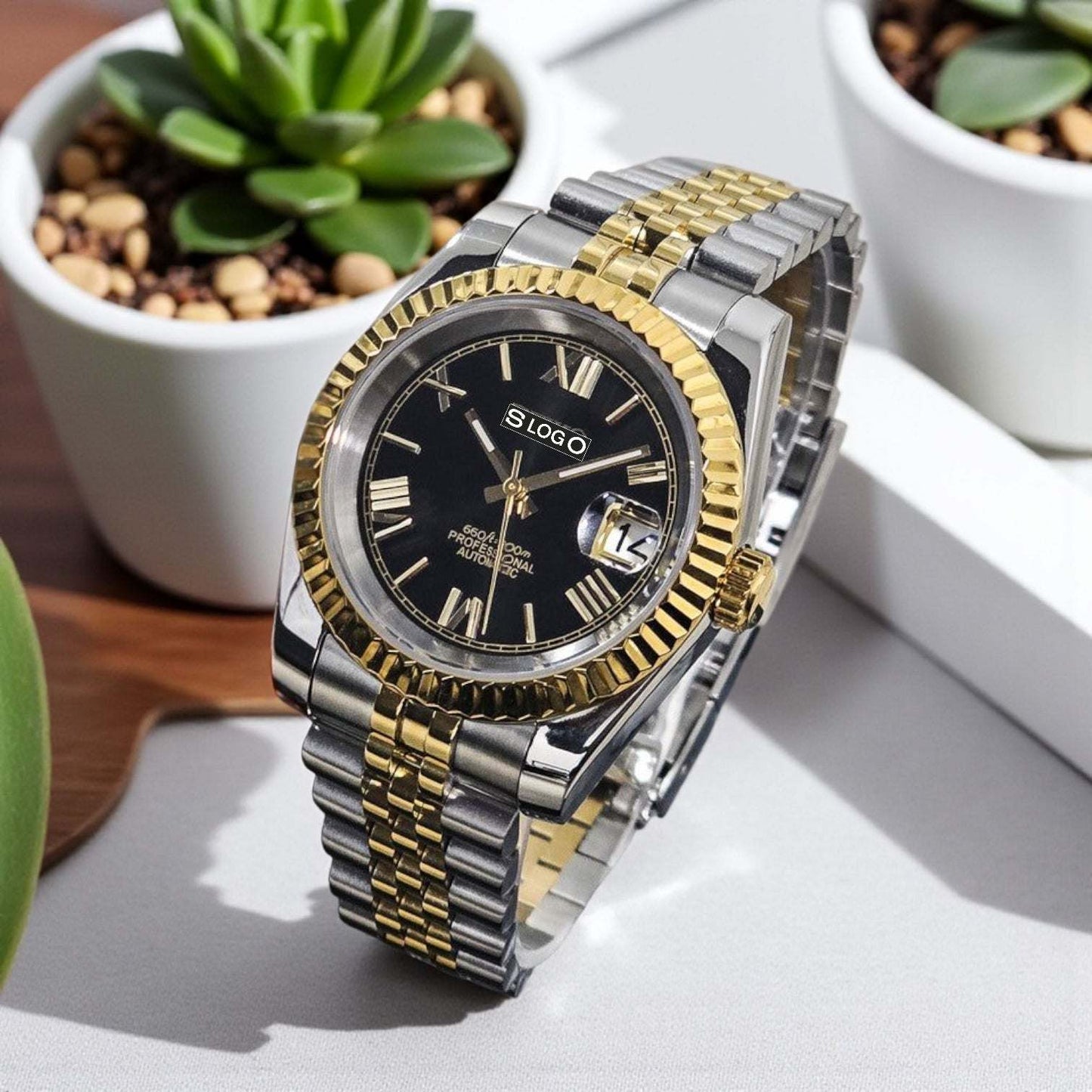 Seiko Mod watches Datejust aka SeikoJust Two-Tone Black Dial Roman Numerals - MODTIME