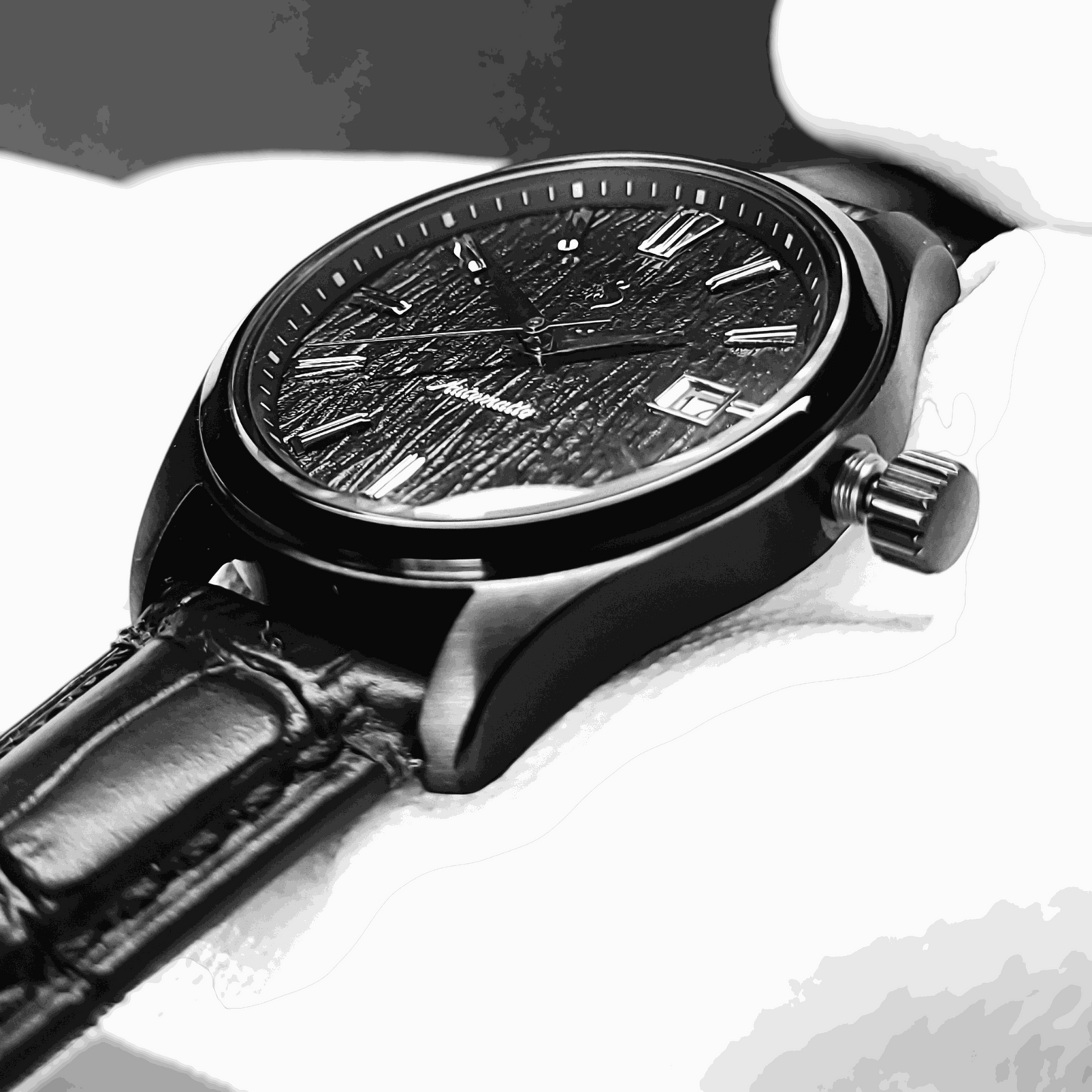 Modtime Midnight Modded Seiko automatic watch with black dial and silver markers