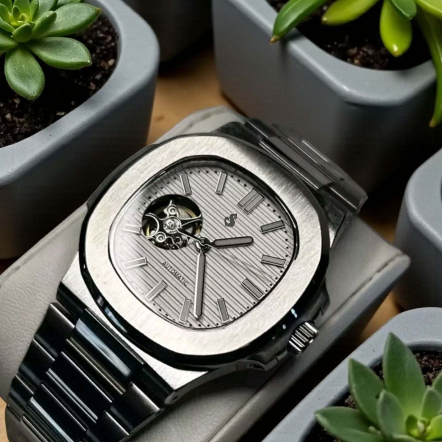 Seiko Mod Nautilus open-heart white dial watch with stainless steel case and sapphire crystal