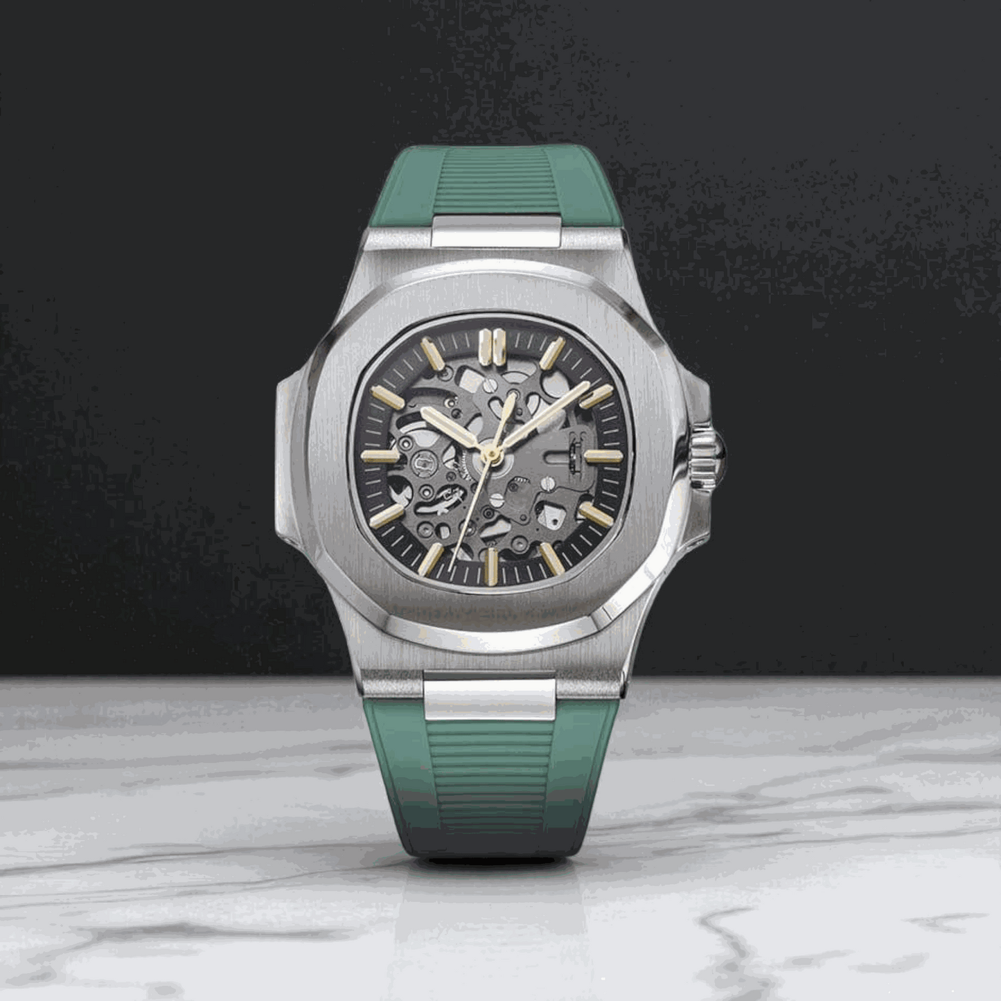 Seiko Mod SeikNaut Skeleton watch with rubber bracelet by Modtime Creations showcasing luxury design and NH70 automatic movement