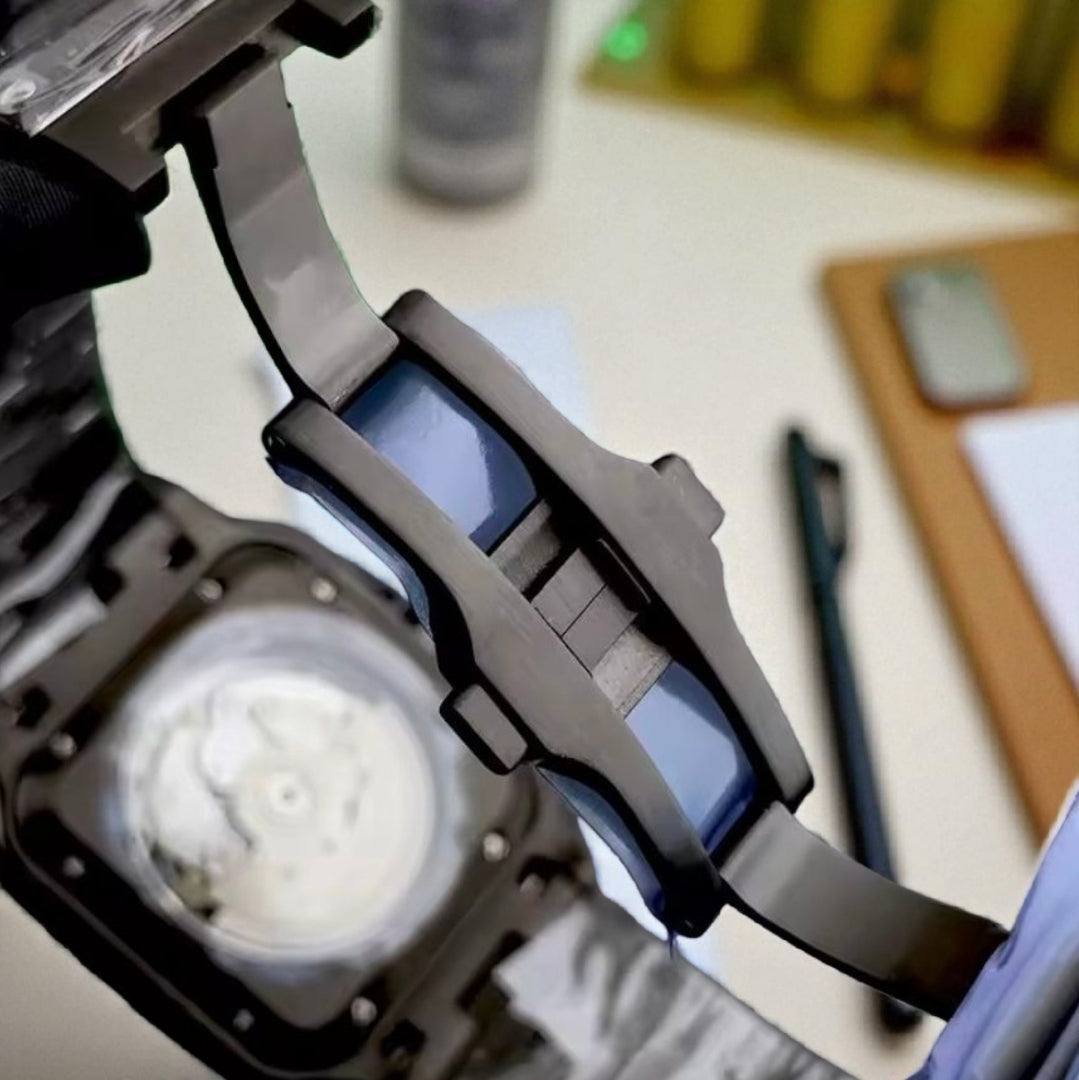 Santeiko Blackout Modtime luxury Seiko Mod watch with classic Santos-inspired dial and sapphire crystal glass