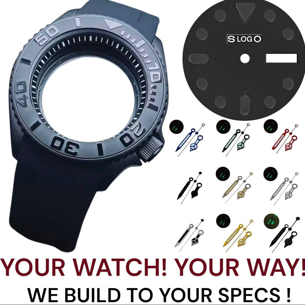 Yachtmaster Black Stealth Diver Seiko Mod watch with 42mm or 40mm case, Japanese NH36 automatic movement, sapphire crystal, and stainless steel bracelet by Modtime Creations