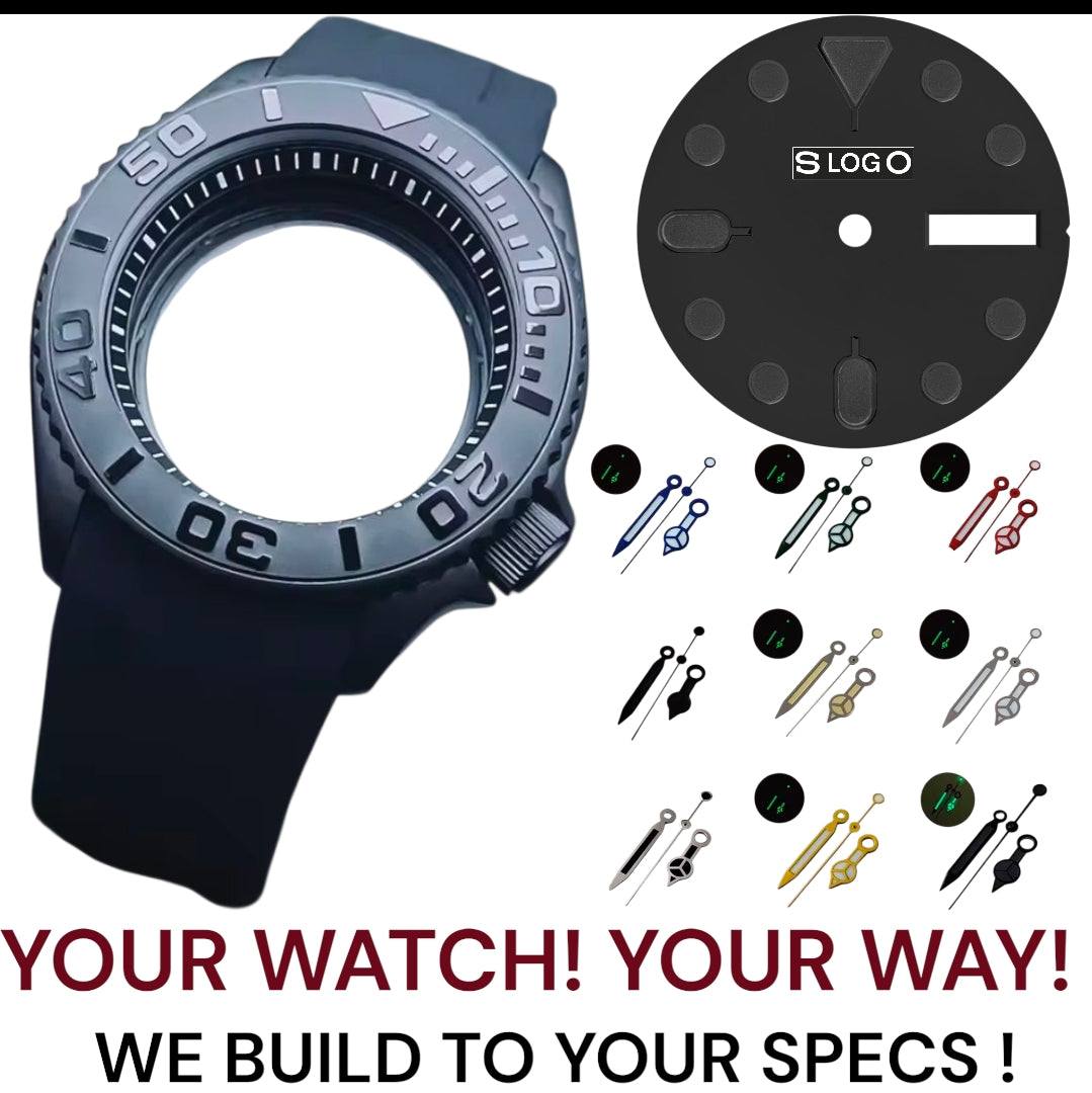 SeikMaster Black Stealth Diver Mod watch with 42mm or 40mm case, Japanese NH36 automatic movement, sapphire crystal, and stainless steel bracelet by Modtime Creations