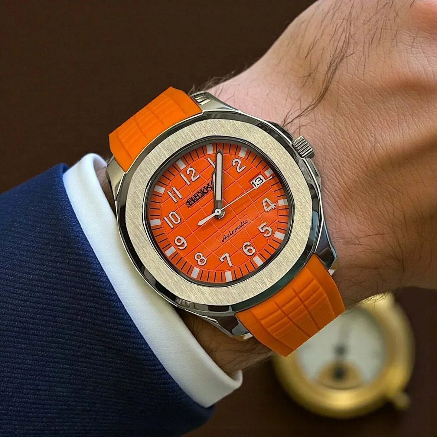 Nautilus Silver Orange Mod by Modtime Creations luxury Seiko Mod watch with NH35 automatic movement and stainless steel case