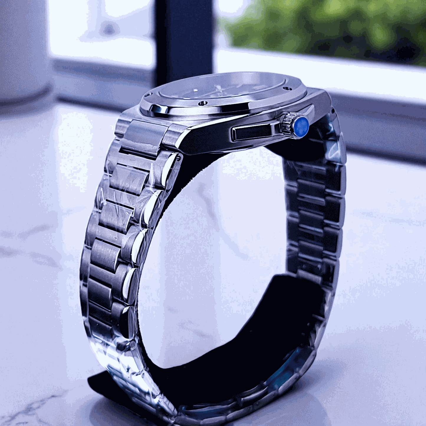 Black Seiko Mod watch with open-heart dial and stainless steel case by Modtime Creations