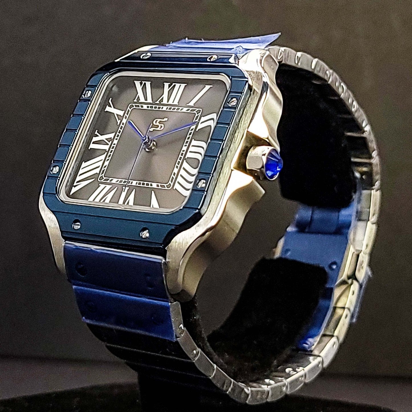 Seiko Mod Santos Homage Two - Tone Blue Bezel Silver - Modtime - MODTIME