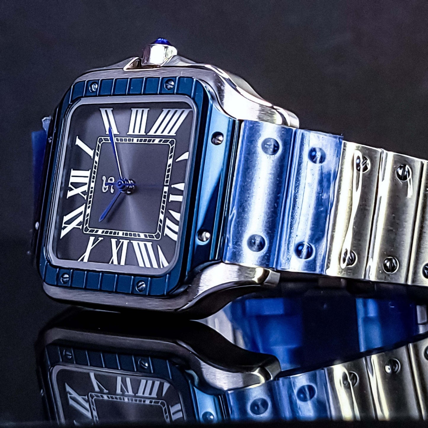 Seiko Mod Santos Homage Two - Tone Blue Bezel Silver - Modtime - MODTIME