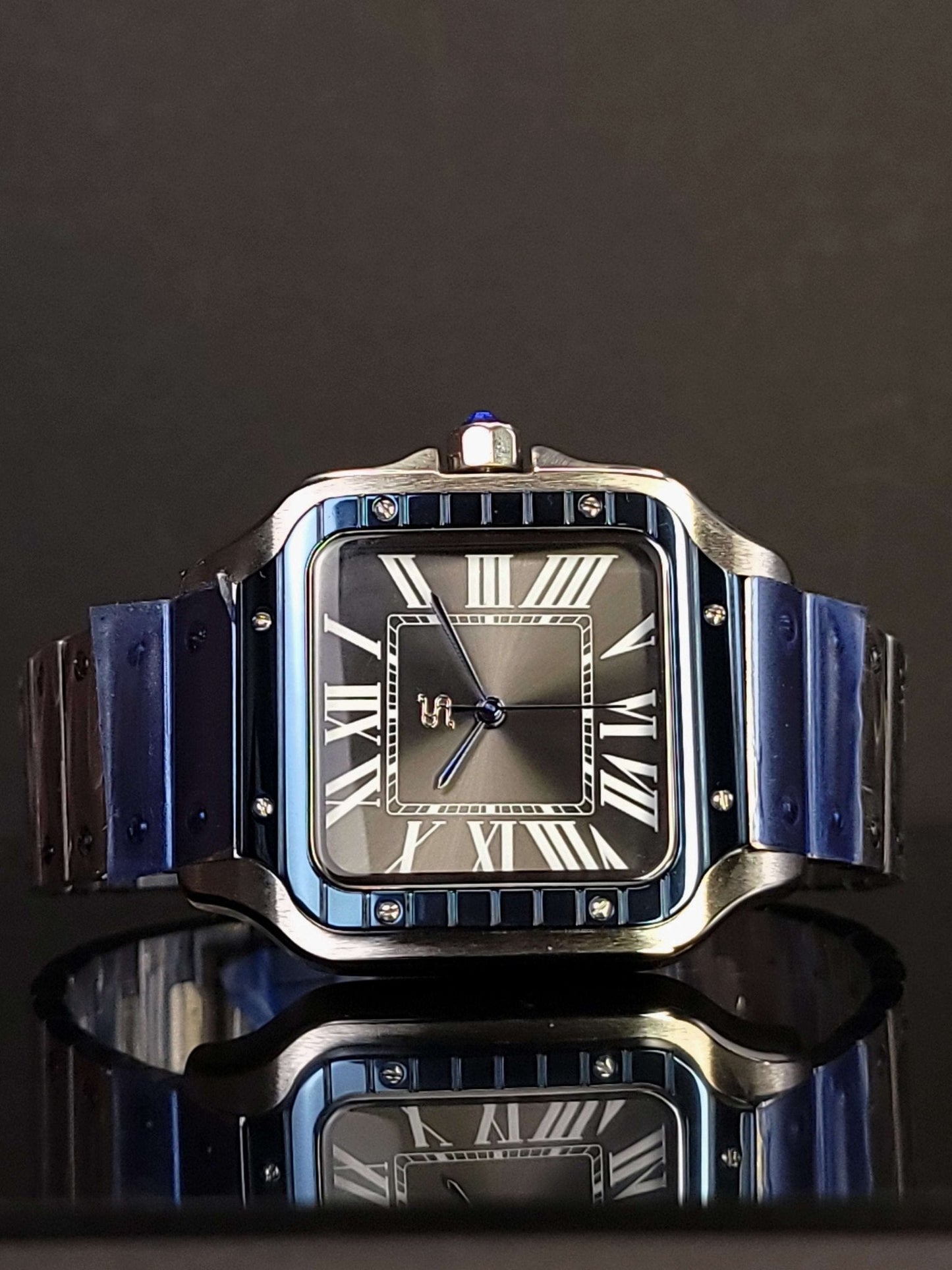 Seiko Mod Santos two-tone blue bezel grey dial watch with stainless steel bracelet and sapphire crystal glass