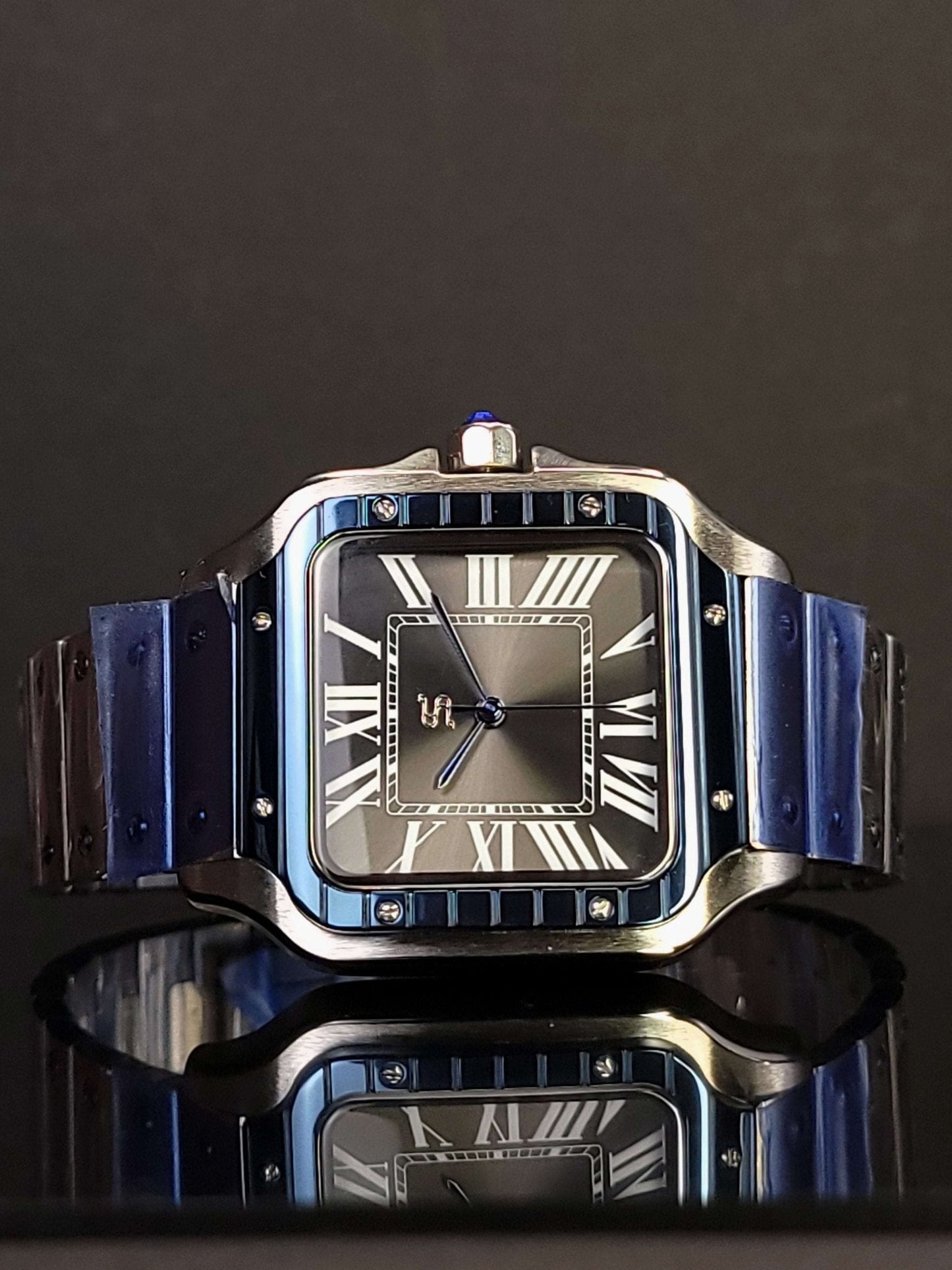 Santeiko Seiko Mod watch with two-tone blue bezel and grey dial, luxury handcrafted design by Modtime Creations