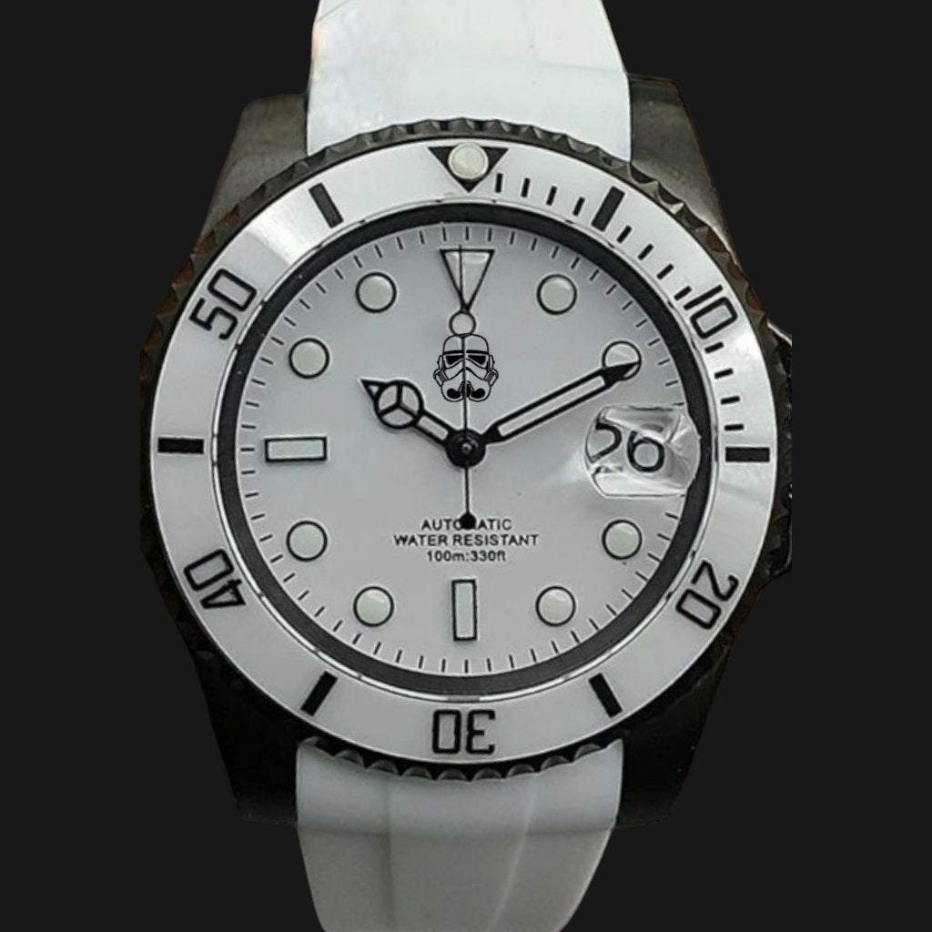 SeikMaster Stormtrooper modded Seiko diver watch with black and white design by Modtime Creations