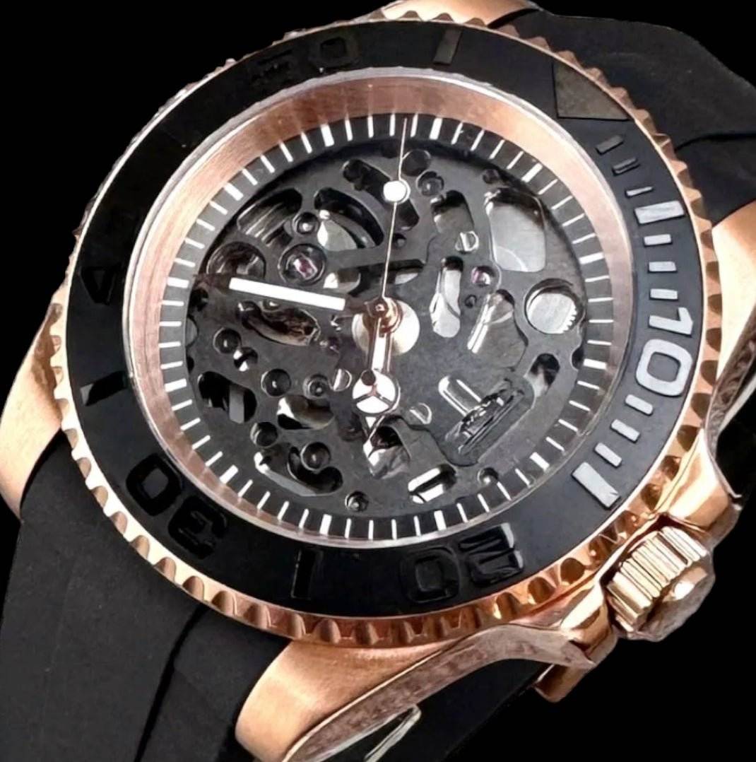 SeikMaster Skeleton Diver Mod watch with 40mm dial, sapphire crystal, NH70 automatic movement, stainless steel case and bracelet, ceramic bezel, and luminous markers by Modtime Creations