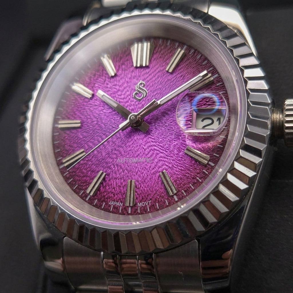 Seiko Mod Datejust watch with textured grand purple dial and stainless steel case by Modtime Creations