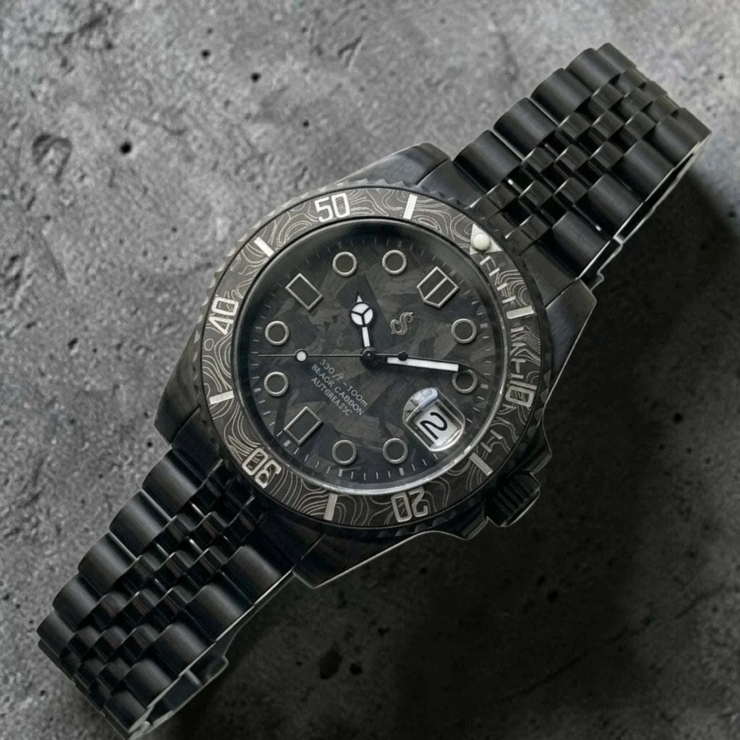 Seiko Mod Watches Black Carbon Fiber Yachtmaster Diver watch by Modtime Creations