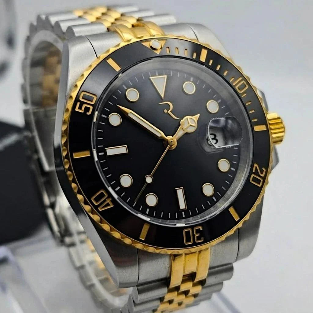 Submariner  Black Gold luxury Seiko Mod diver watch with 40mm black gold case and sapphire crystal