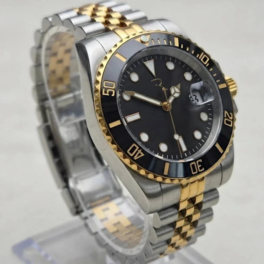 Submariner  Black Gold luxury Seiko Mod diver watch with 40mm black gold case and sapphire crystal