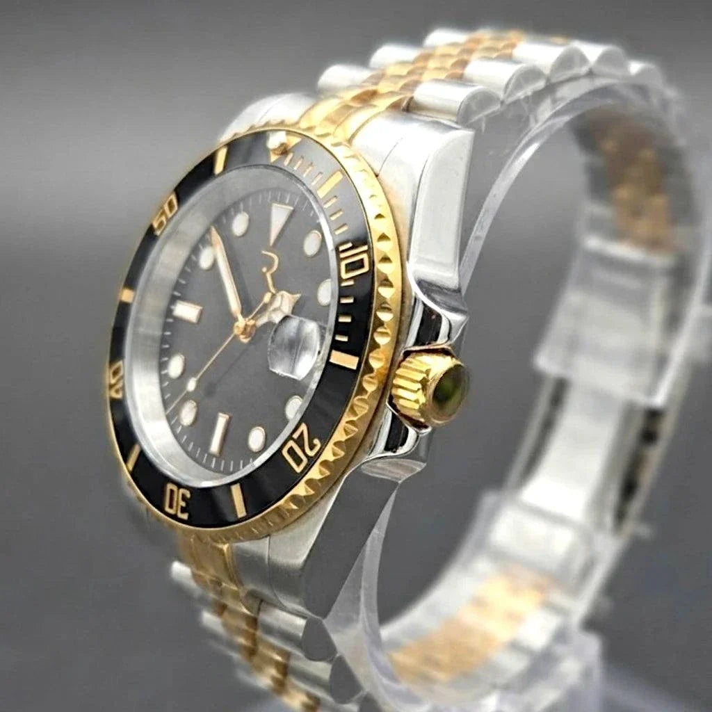 Submariner  Black Gold luxury Seiko Mod diver watch with 40mm black gold case and sapphire crystal