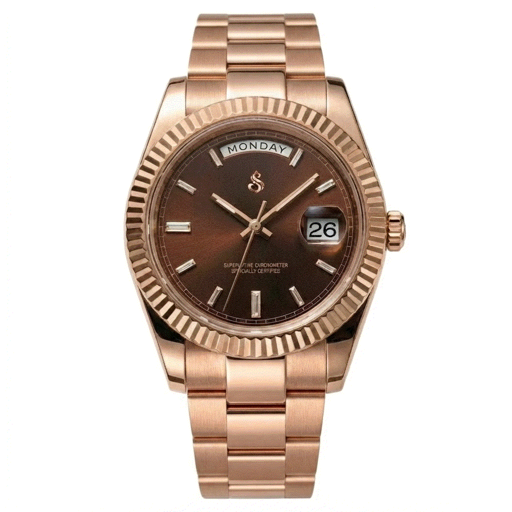 Modtime Creations Modded Seiko watch DayDate with rose gold case and chocolate dial featuring day and date display