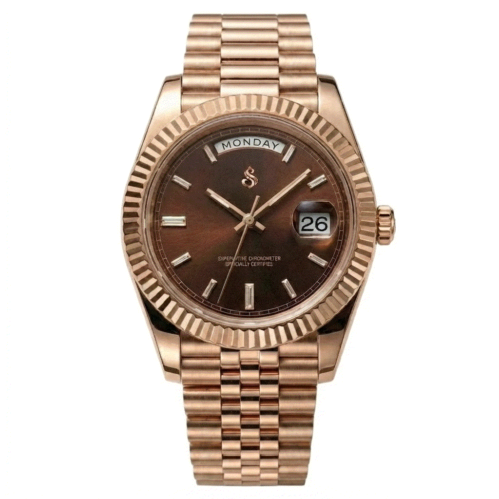 Modtime Creations Modded Seiko watch DayDate with rose gold case and chocolate dial featuring day and date display