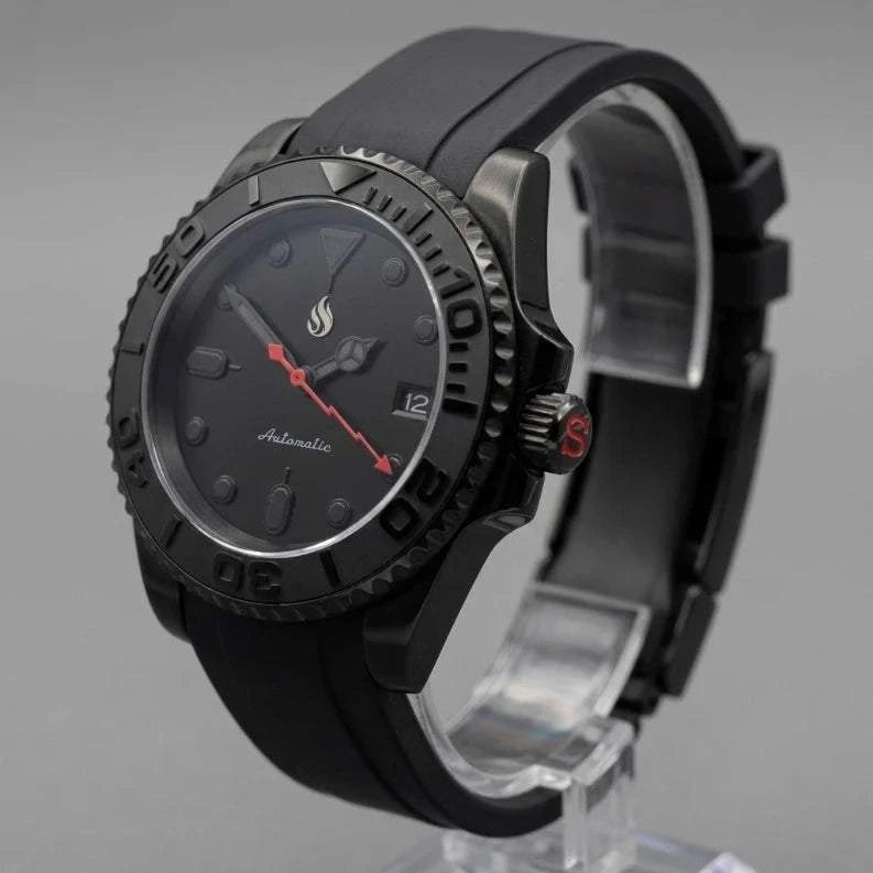 Yachtmaster Black Stealth Diver Seiko Mod watch with 42mm or 40mm case, Japanese NH36 automatic movement, sapphire crystal, and stainless steel bracelet by Modtime Creations
