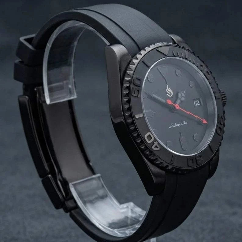 Yachtmaster Black Stealth Diver Seiko Mod watch with 42mm or 40mm case, Japanese NH36 automatic movement, sapphire crystal, and stainless steel bracelet by Modtime Creations