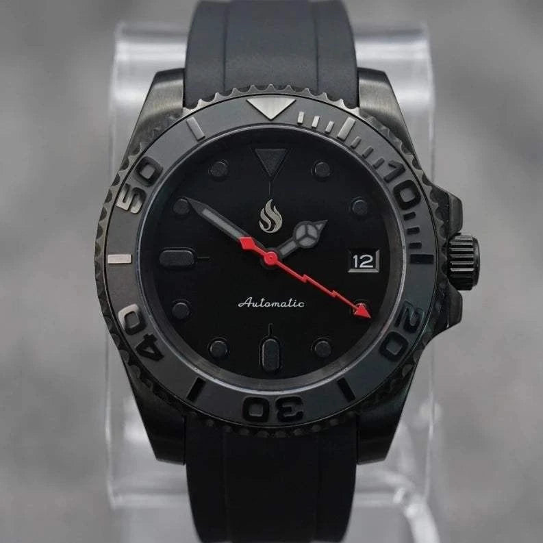 Yachtmaster Black Stealth Diver Seiko Mod watch with 42mm or 40mm case, Japanese NH36 automatic movement, sapphire crystal, and stainless steel bracelet by Modtime Creations