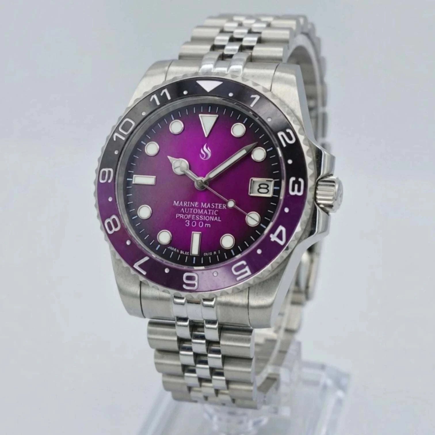 Seiko mod watches Submariner purple fuchsia dial "Joker" diver built by Modtime Creations 