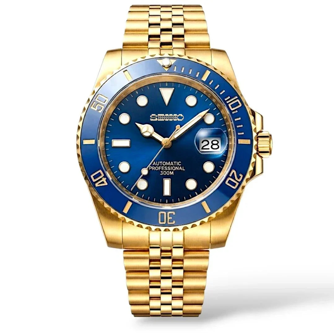 Seiko Submariner Bluesy Gold Series luxury Mod watch with NH35 automatic movement and sapphire crystal by modtime creations