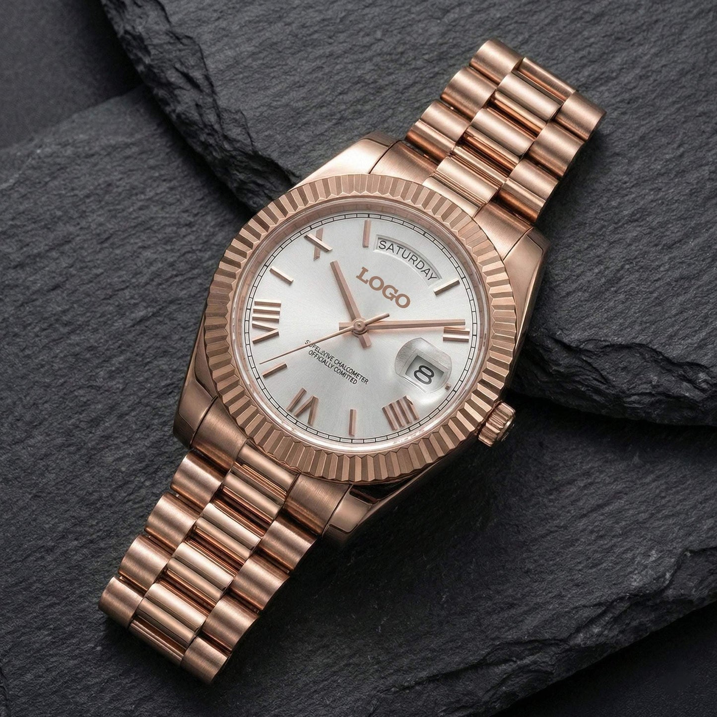 MODTIME rose gold automatic watch with a white dial, Roman numerals, and day-date display on a stainless steel bracelet.