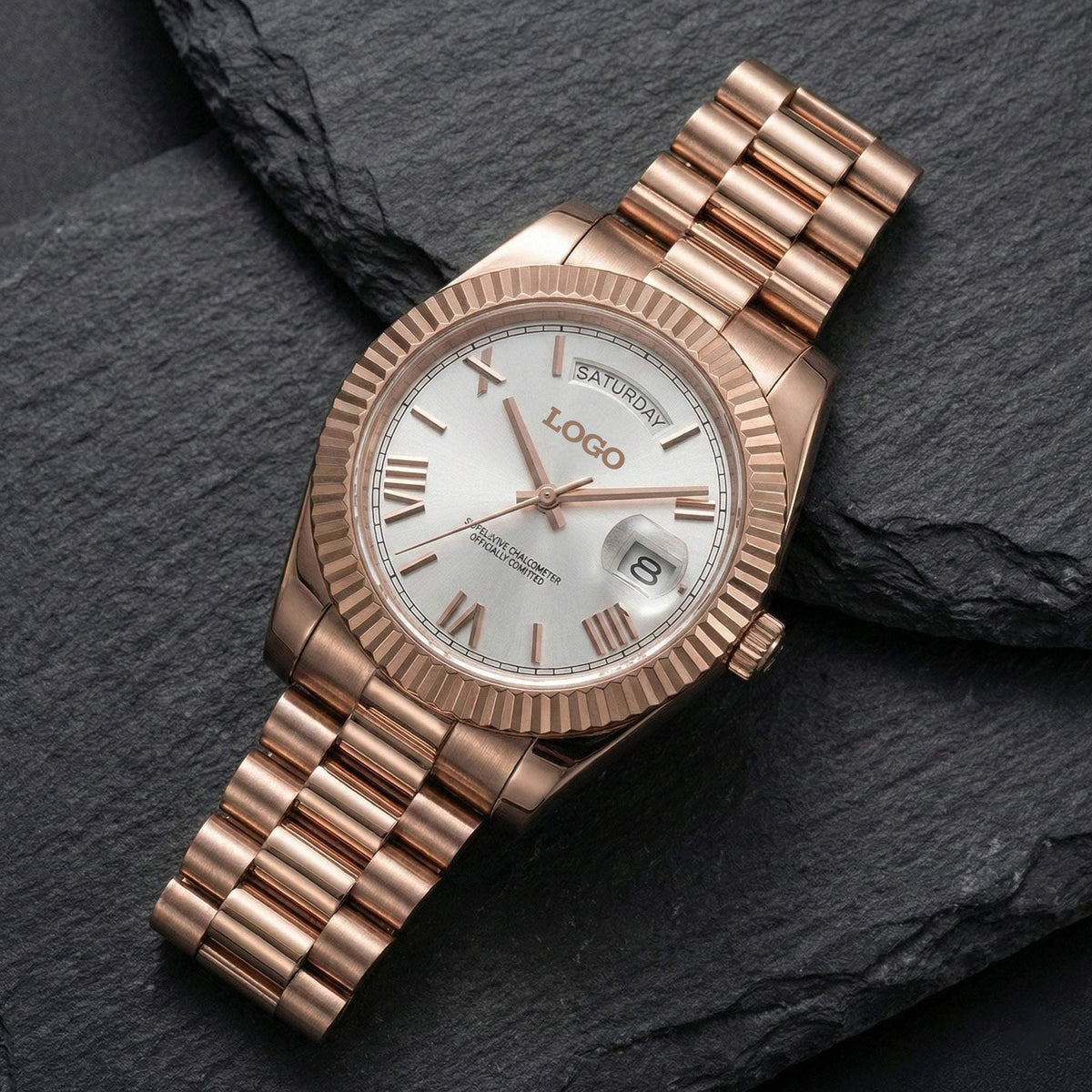 MODTIME rose gold automatic watch with a white dial, Roman numerals, and day-date display on a stainless steel bracelet.