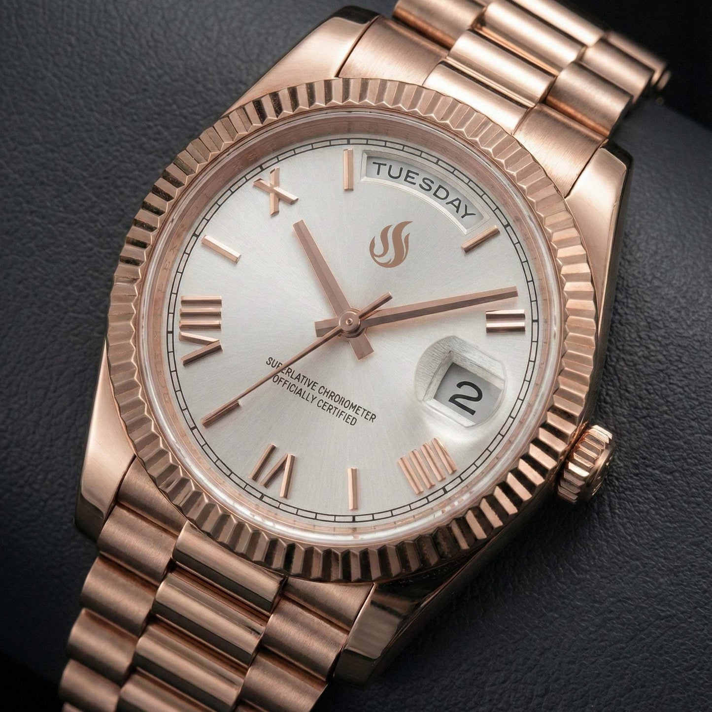 MODTIME rose gold automatic watch with white dial, Roman numerals, and day-date display on a stainless steel bracelet.