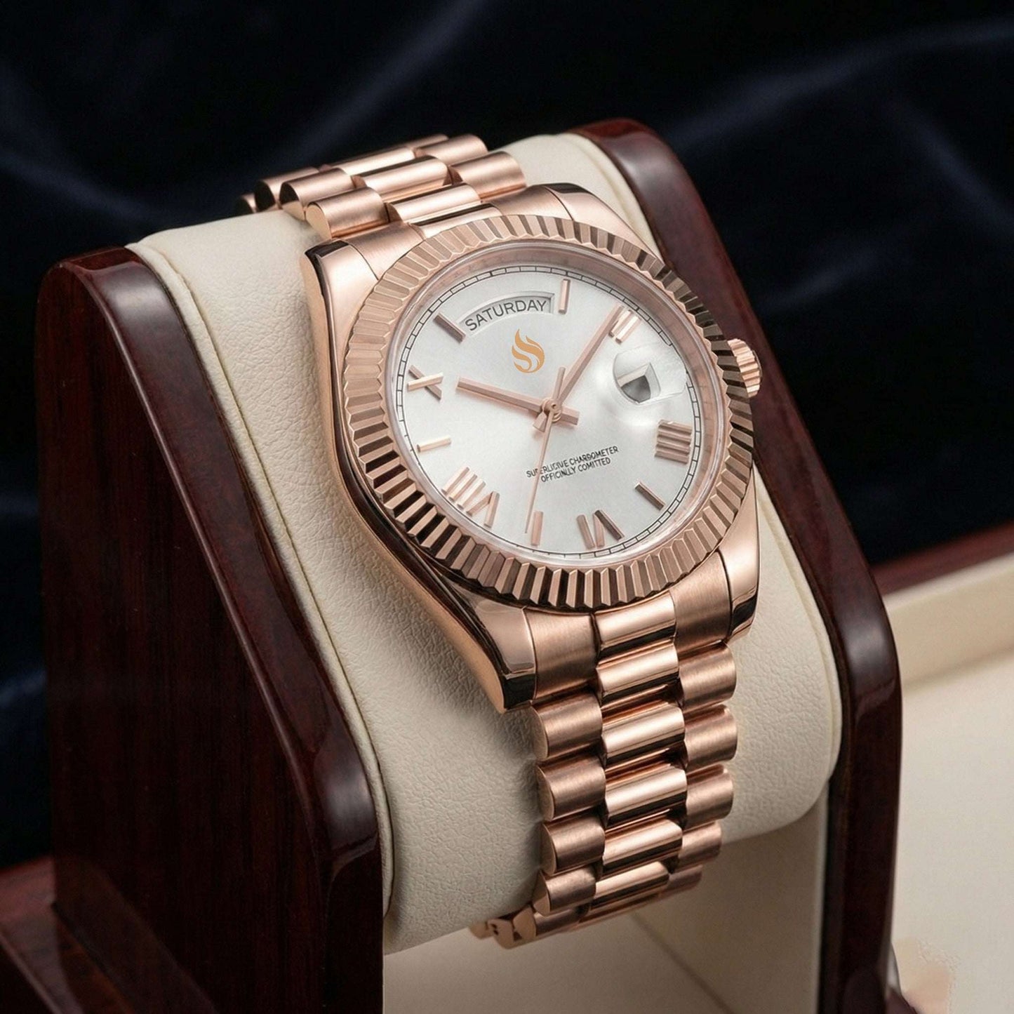 MODTIME rose gold automatic watch with white dial, Roman numerals, and day-date display on a stainless steel bracelet