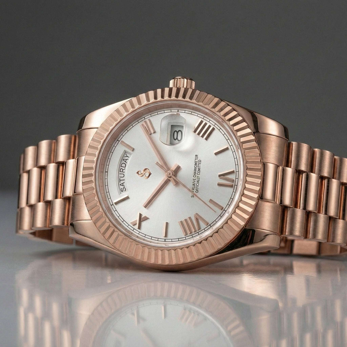Modded Seiko DayDate watch with white roman numerals dial and rose gold case from Modtime Creations