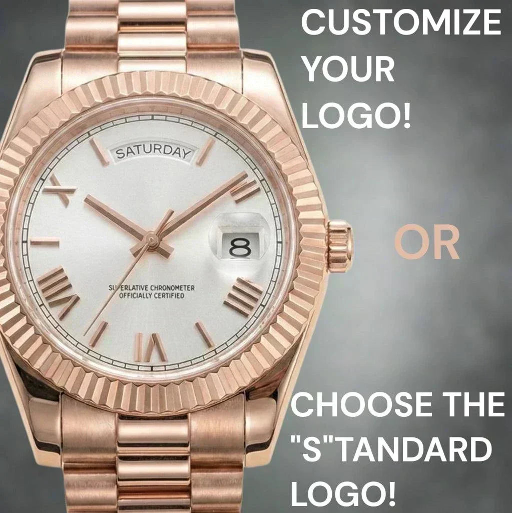 Modded Seiko DayDate watch with white roman numerals dial and rose gold case from Modtime Creations