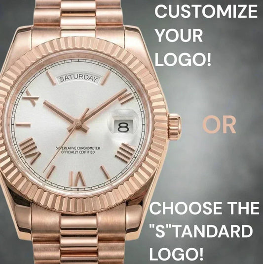 Modded Seiko DayDate watch with white roman numerals dial and rose gold case from Modtime Creations