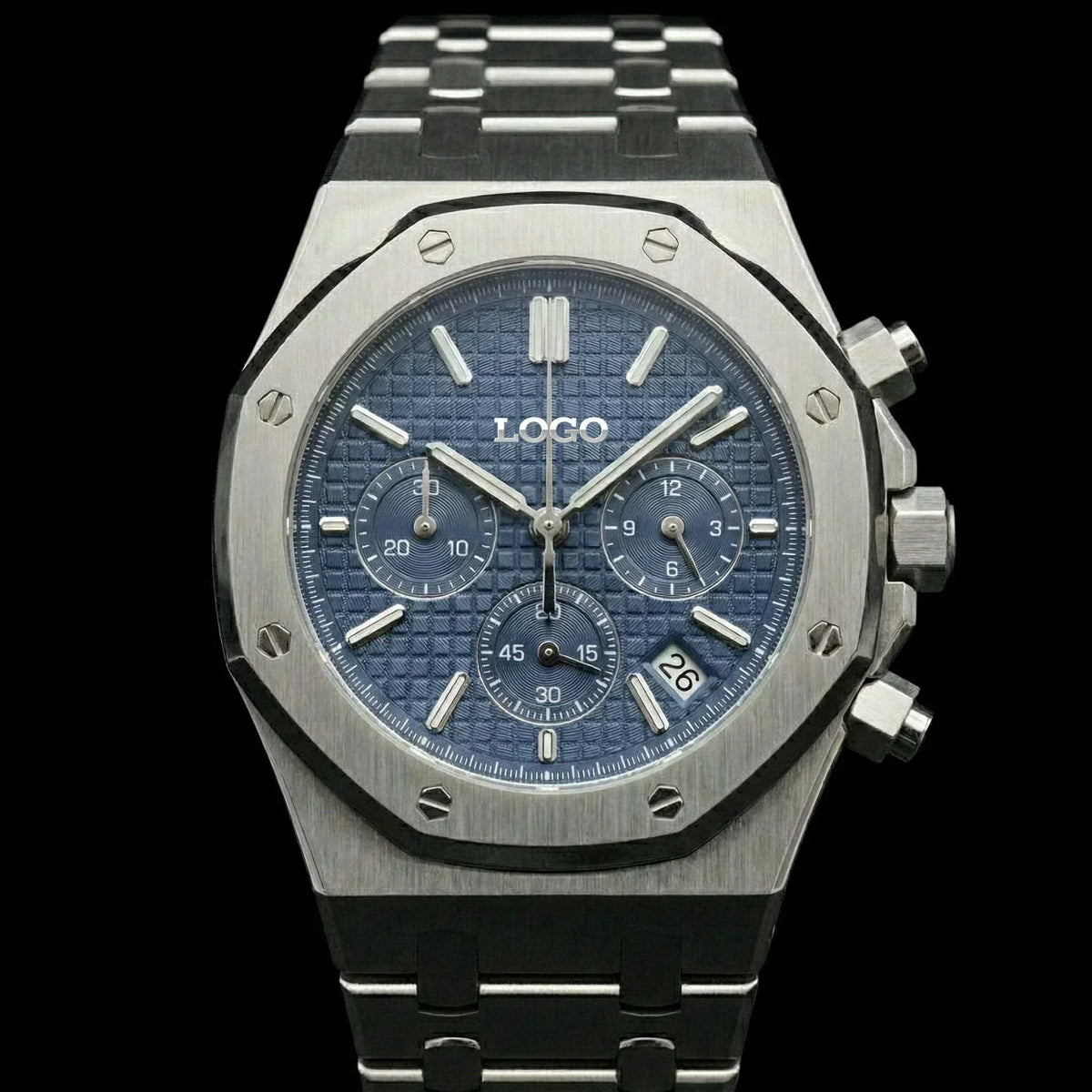 Modded Seiko Royal Oak chronograph watch with blue dial and stainless steel bracelet