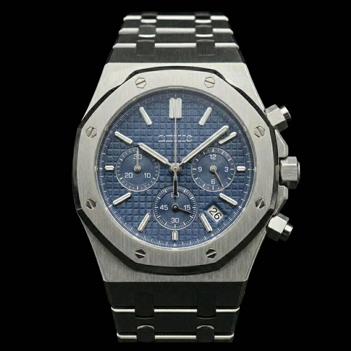 Modded Seiko Royal Oak chronograph watch with blue dial and stainless steel bracelet