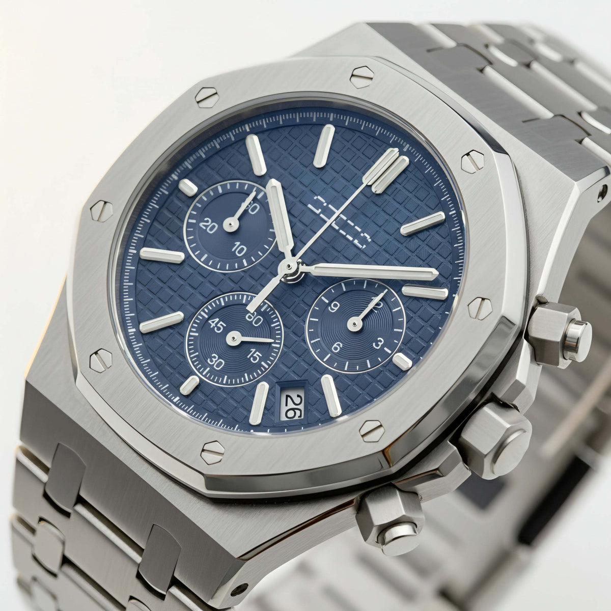Modded Seiko Royal Oak chronograph watch with blue dial and stainless steel bracelet