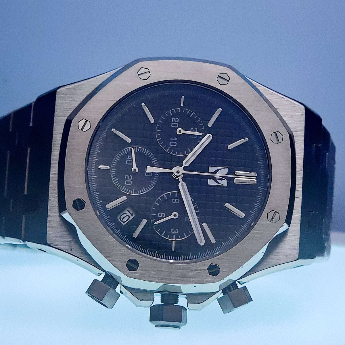 Modded Seiko Royal Oak chronograph watch with blue dial and stainless steel bracelet