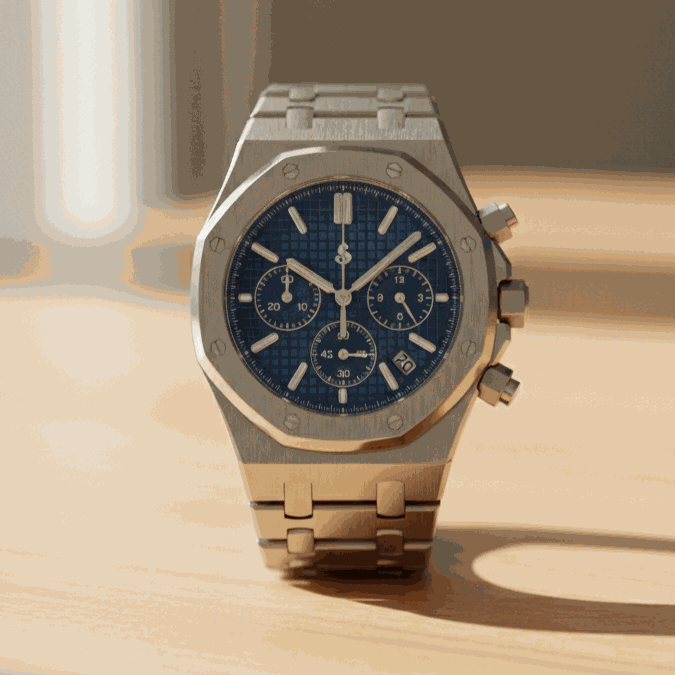 Modded Seiko Royal Oak chronograph watch with blue dial and stainless steel bracelet