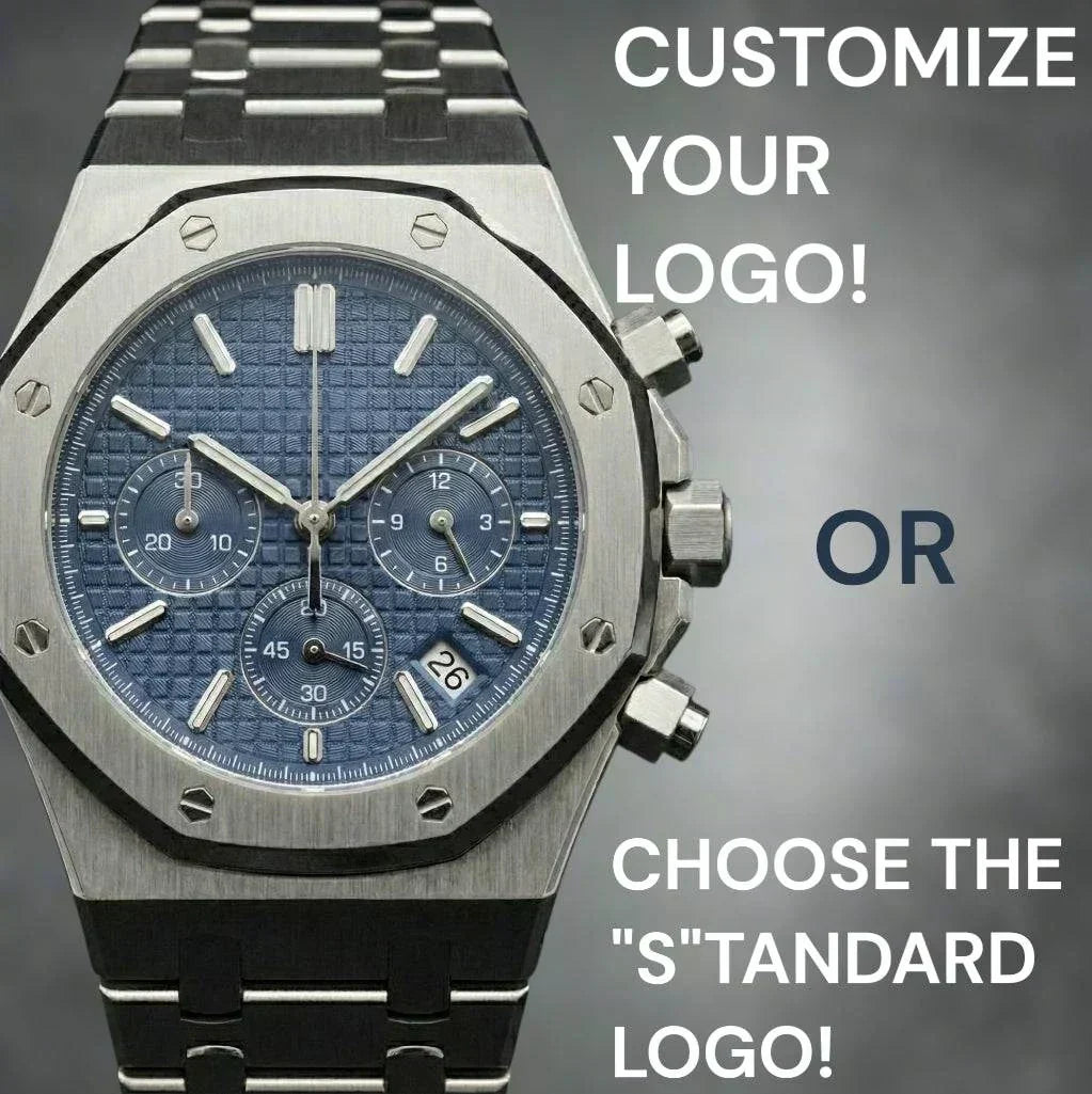 Modded Seiko Royal Oak chronograph watch with blue dial and stainless steel bracelet