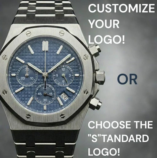Modded Seiko Royal Oak chronograph watch with blue dial and stainless steel bracelet