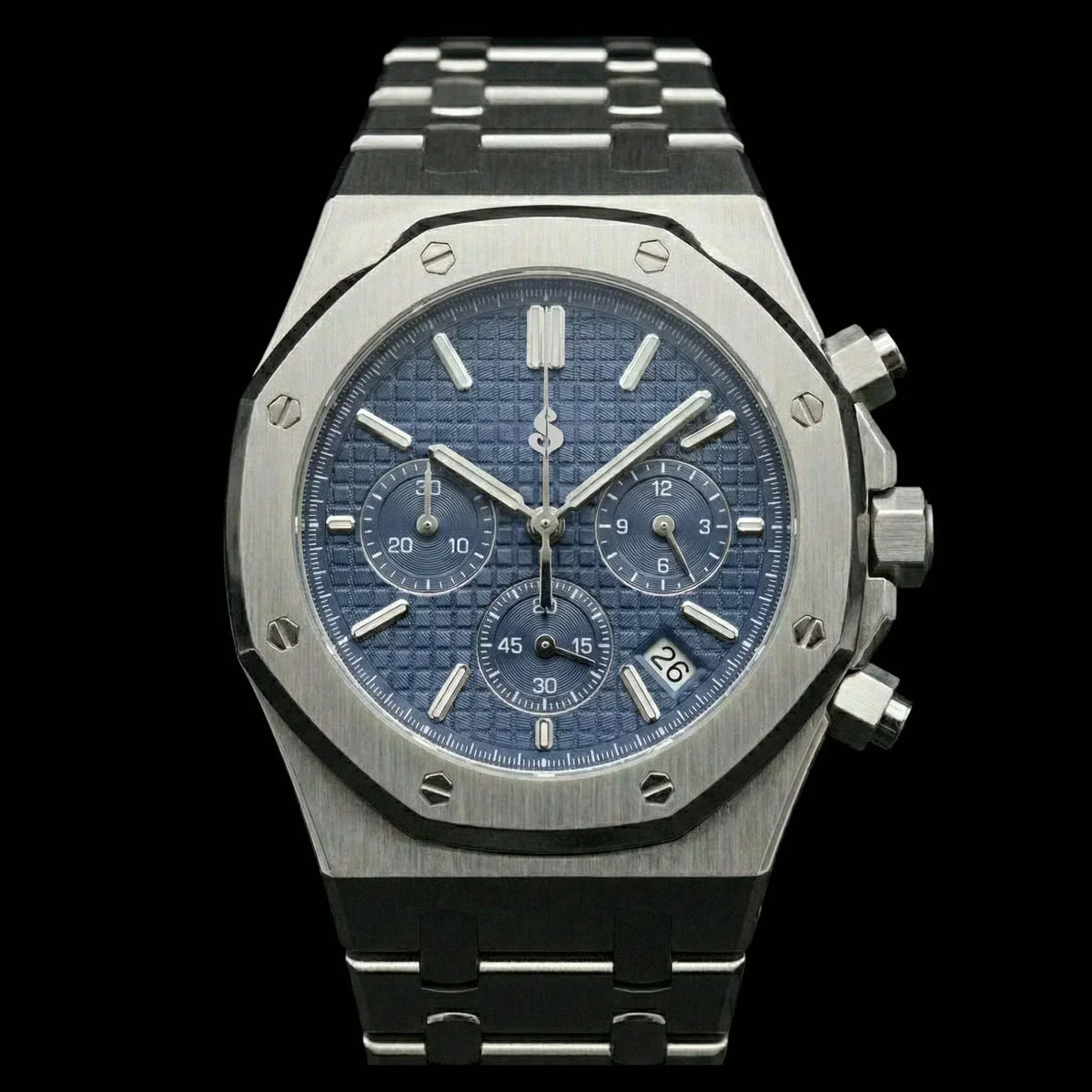 Modded Seiko Royal Oak chronograph watch with blue dial and stainless steel bracelet