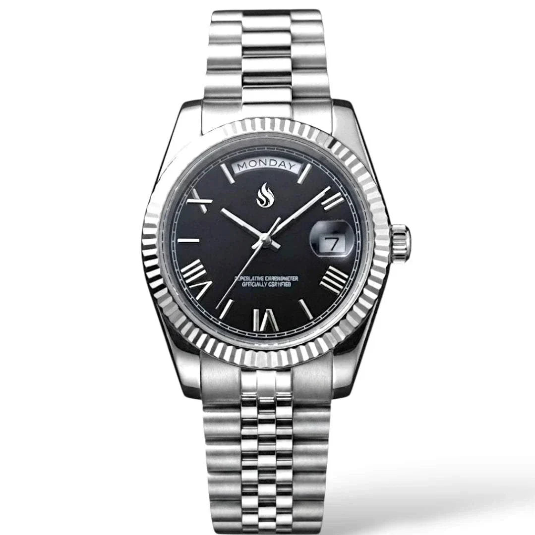 Modded Seiko Watches DayDate Black  Roman Numerals Dial with Silver Fluted Watch case built by Modtime Creations