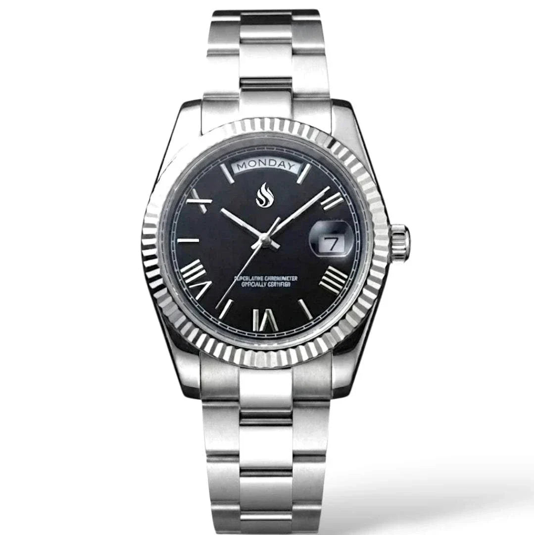 Modded Seiko Watches DayDate Black  Roman Numerals Dial with Silver Fluted Watch case built by Modtime Creations