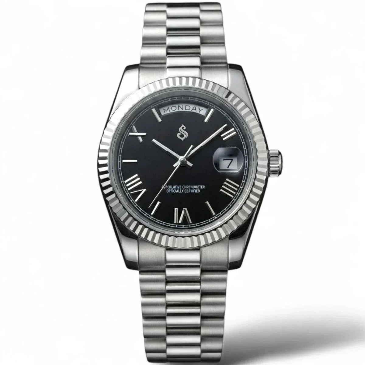 Modded Seiko Watches DayDate Black  Roman Numerals Dial with Silver Fluted Watch case built by Modtime Creations